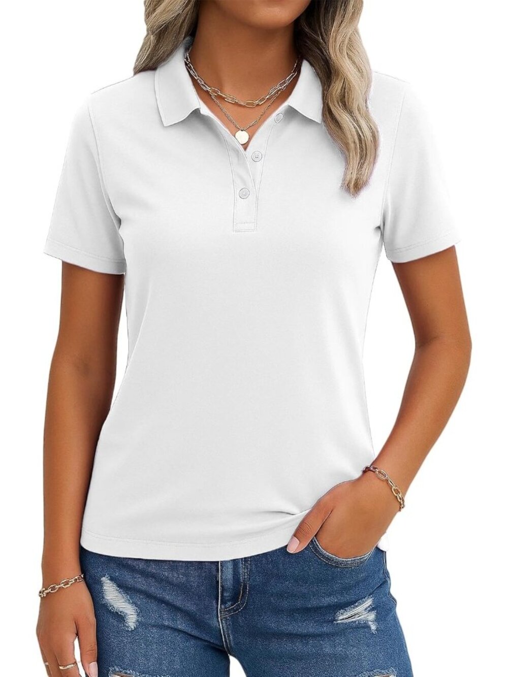 Women's White Polo Shirts Short Sleeve 3-Button UPF50+ Golf Tops Casual Fits